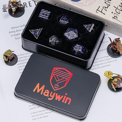 Anitque Metal Dice D&D,Metal Glitter Stripe Dice 7pcs Set with Gift Case,Polyhedral Dice for Role Playing Game (Black Nickel Dark Purple)