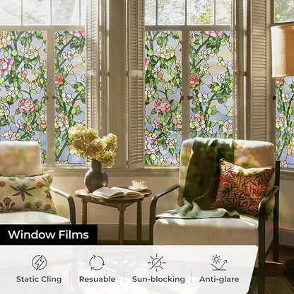 3D Stained Glass Window Film, Decorative Window Privacy Film for Bathroom, Front Door, Home, Sun Blocking Heat Control, Static Cling, Beast Rose 23.6inch x 35.4inch