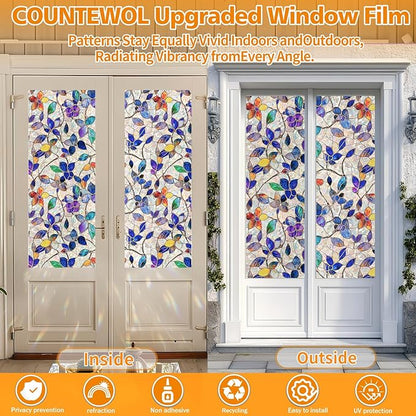 Window Privacy Film Stain Glass Window Film Rainbow Window Film Window clings Non-Adhesive Reusable Decorative for Room (Stained Leaf, 17.5 x 157.4 in)