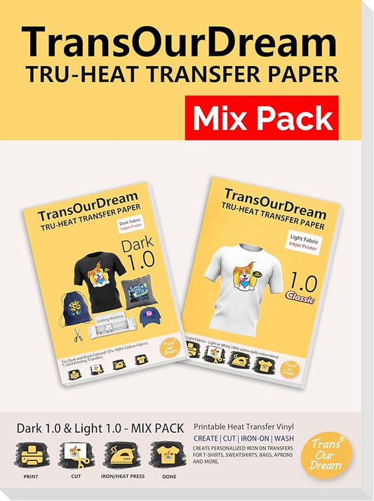 TransOurDream Heat Transfer Paper for Dark and Light Fabric (5+5 Sheets, 8.5x11, Mix Pack) Printable HTV Heat Transfer Vinyl for T Shirts Iron on Transfers for Inkjet Printer (D1L1)