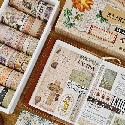 32 Rolls Vintage Washi Tape, Aesthetic Colored Decorative Cute Scrapbook Tape for Scrapbooking Supplies Journaling Craft Junk Journal