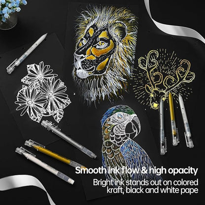 3 Colors 0.8mm Extra Fine Point 6-Pack Gel Pen Set – White, Gold & Silver Gel Ink Pens for Artists Drawing on Black Paper, Sketching, Bullet Journaling & Crafting