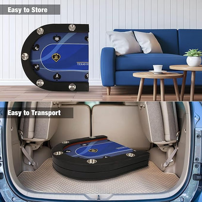 Upgrade Foldable Poker Table for 10 Players - Texas Holdem & Blackjack Board Game Table - Large Casino Table with 10 Stainless Steel Cup Holders & Padded Rails - Perfect for Texas Casino Leisure Game