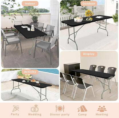 Set of 2 Folding Table 6 FT Lightweight Camping Table Portable Plastic Rectangular Outdoor Dining Table Steel Legs Fold-in-Half with Carrying Handle for Indoor,Picnic,Party,Wedding,Events(Black)