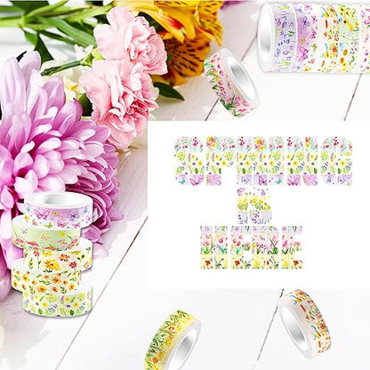 12 Rolls Spring Floral Washi Tape Set, Butterfly Tulip Flower Masking Tapes, Summer Decorative Paper Tape for Scrapbooking Journaling DIY Crafts Gift Packaging 16.4FT