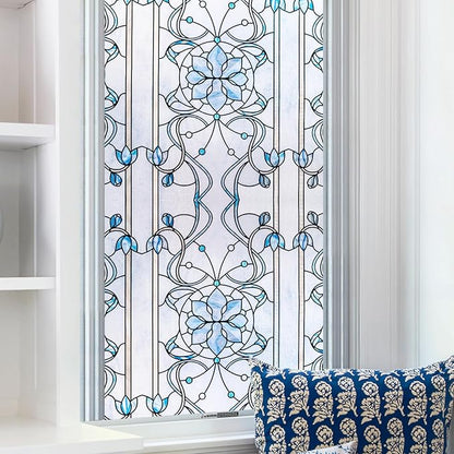 3D Stained Glass Window Privacy Film, Heat Control UV Blocking Static Cling Decorative Window Film for Bathroom,Front Door,Home Non Adhesive,35.4 x 78.7 inches Azure Bloom