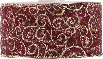 MEEDEE Red Gold Swirl Wired Ribbon 2.5 Inch Dark Red Sheer Ribbon with Gold Swirl Glitter Wired Ribbon Organza Sheer Ribbon 25 Yards Burgundy Sheer Christmas Ribbon for Christmas Tree, Wreath Bow
