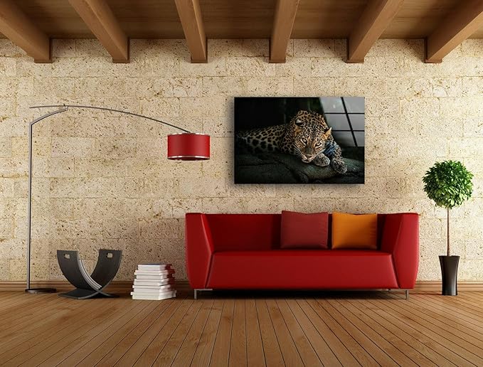 My Photostation.com 35.5Wx30H'' Fierce Leopard Glass Wall ArtTempered Glass Printing Wall Decor Large Wall Art Wall Hangings