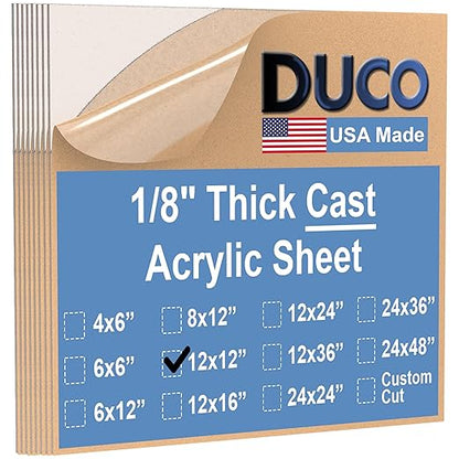 Duco USA-Made Clear Cast Acrylic Sheet 1/8 Inch Thick 12" x 12" - 8 Pack of Transparent Plexiglass Sheet - Lightweight Acrylic Board for Window Replacements, Displays, Signs, and More
