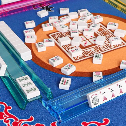 American Mahjong Game Set, 166 White Tiles, 4 All-in-One Color Rack/Pushers, Complete Mahjong Tile Set Red Printed Carrying Bag