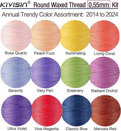 10-Year Popular Assorted Colors Round Waxed Thread -0.55mm 70 Yards 12 Spools Stiff Polyester Wax Cord for Beading, Leather Sewing, Bookbinding, Bracelets Braiding, Micro Macrame Craft Making