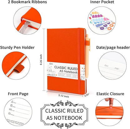 5 Pack Journal Notebook Bulk for School, Feela Hardcover Business Notebooks Classic Ruled Lined Journals with Pen Holder for Work Note Taking, with 5 Black Pens, 120 GSM, 5.1”x8.3”, A5, Orange