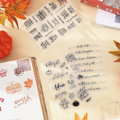 Whaline 4 Sheet Fall Thanksgiving Words Clear Stamps Greeting Words Pumpkin Maple Leaves Silicone Transparent Stamps Happy Fall Stamp Cards for DIY Craft Card Making Scrapbooking Embossing Album Decor