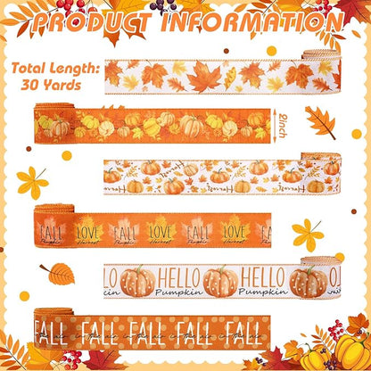 12 Rolls Fall Wired Edge Ribbon for Wreaths 2 Inch x 60 Yards Maple Leaves Pumpkin Burlap Ribbon Thanksgiving Plaid Crafts for Autumn Harvest Party Decoration Supplies, 12 Styles