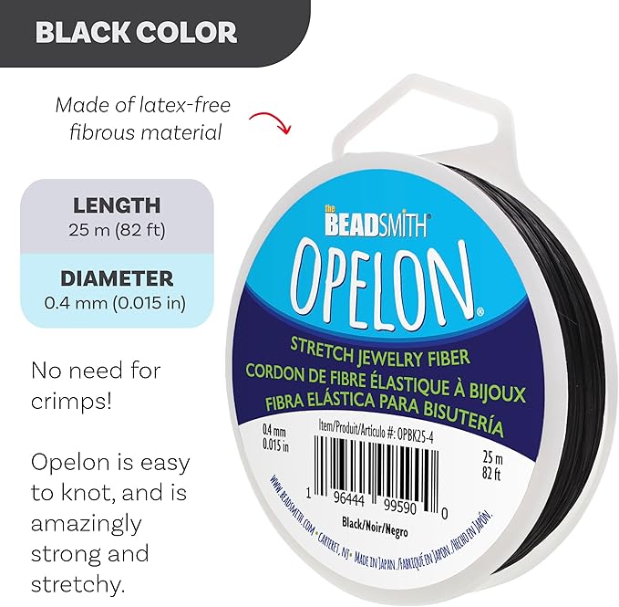 The Beadsmith Opelon Stretch Cord – Elastic Beading Fiber, Black, 0.4 mm Diameter, 25 Meters (82 ft) Spool