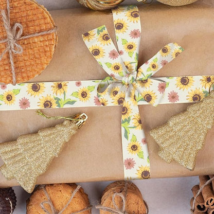 2 Rolls Fall Flowers Craft Ribbons for Wreath Bows, 2.5"×10 Yards Wired Edge Ribbon Rustic Flowers Lace Burlap Ribbons for Crafting Sewing Supplies