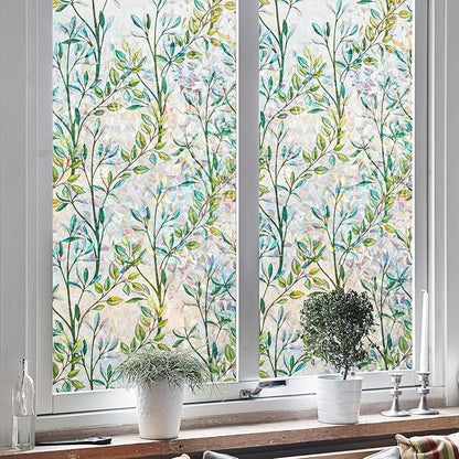 NINETREX Stained Glass Window Film 3D Decorative Cling, Sun Blocking Static Cling Removable Film for Glass Door, Home Decor Window Cover Non-Adhesive 29.5 x 78.7 inches, Leaf