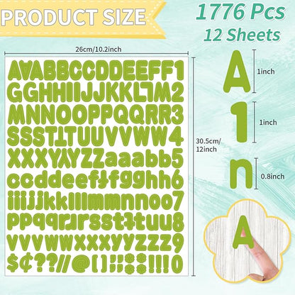 Alphabet Stickers, 1"Inch 12 Sheets Self-Adhesive Green Vinyl Letter Stickers for Mailbox Numbers, Bulletin Boards, Classroom & Home Decor