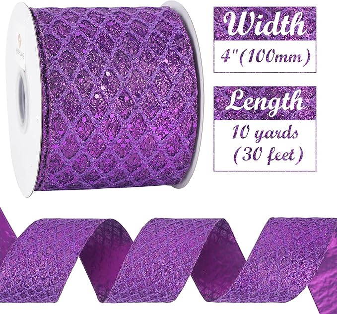 HUIHUANG Purple Wired Christmas Ribbon 4 inch Purple Glitter Wired Ribbon Diamond Mesh Wire Ribbon for X-mas Tree Decorations, Wreaths, Garland, Large Bows Making, Home Decor -10 Yards