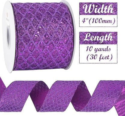 HUIHUANG Purple Wired Christmas Ribbon 4 inch Purple Glitter Wired Ribbon Diamond Mesh Wire Ribbon for X-mas Tree Decorations, Wreaths, Garland, Large Bows Making, Home Decor -10 Yards