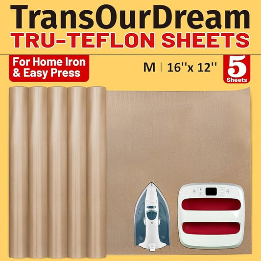 TransOurDream 5 Pack PTFE Teflon Sheets M Size 16 x 12" Ironing Protecter and Sublimation Paper Heat Transfer Paper Reusable Heat Resistant Craft Mat