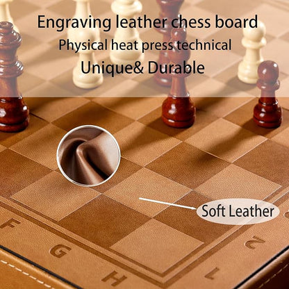 Chess Set Board for Kids & Adults, 12" Travel Magnetic Chess & Checkers Folding Board 2 in 1 Sets, Portable Folding Leather Chess Boards with 3 Velvet Bag Packaging Pieces