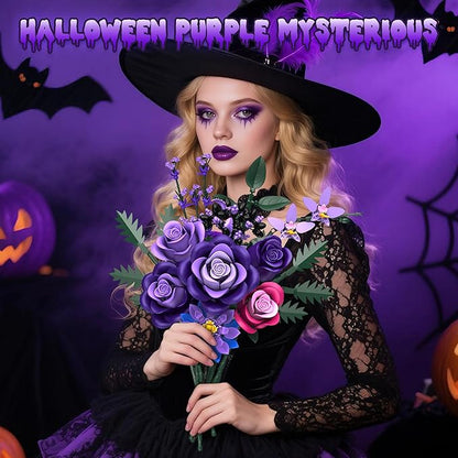 Purple Roses Flower Bouquet Building Sets, 834PCS Artificial Flowers Botanical Collection Compatible with Lego Flowers for Adults Gothic Halloween Decor, Gifts for Halloween Christmas Valentines Day