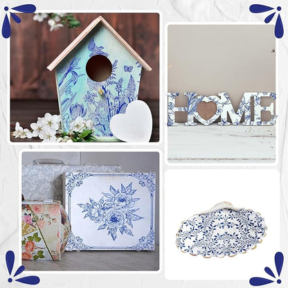 Crtiin 36 Pack 9 Styles Decoupage Napkins Assorted Floral Decorative Decoupage Napkins Chinoiserie Cocktail Paper for DIY Crafting Birthday Party, Each Unfolded 13 Inch(Blue Floral)