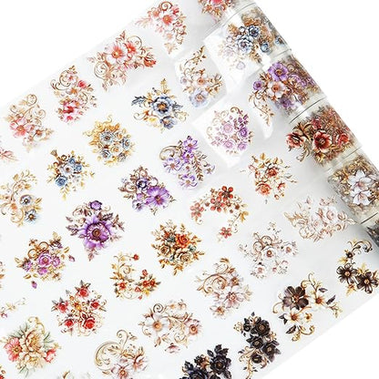 6PCS Baroque Flower PET Tape Set, Vintage Floral Pre-Cut Tapes for Journaling, Scrapbooking, and Junk Journal Ephemera, with Decorative Clip