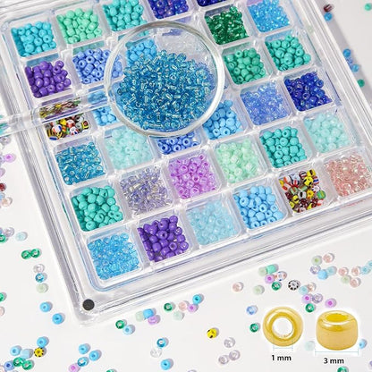11200pcs Glass Seed Beads for DIY Crafting Bracelet Necklace Embroidery Jewelry Making Supplies (3mm, 400pcs/Color, 28 Colors, Blue Scheme)