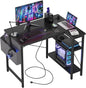 TIQLAB Small L Shaped Computer Gaming Corner Desk with Power Outlets, Reversible Shelves for Study, Writing Table for Home, Office, Bedroom, Living Room, 40 inches, Black