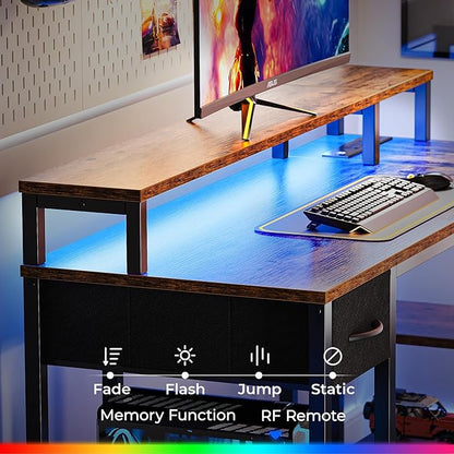 SUPERJARE 47 inch Reversible L Shaped Desk with LED Lights & Power Outlets, Computer Desk with Shelves & Monitor Stand, Gaming Desk with Drawer, Home Office Desk Corner Desk, Rustic Brown