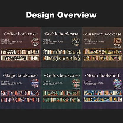 Magician’s Bookcase PET Tapes – 6 Rolls of Fantasy Embroidery-Style Bookcase Designs with Clip, for Scrapbook, Journal, Junk Journal, Planner and DIY Decor