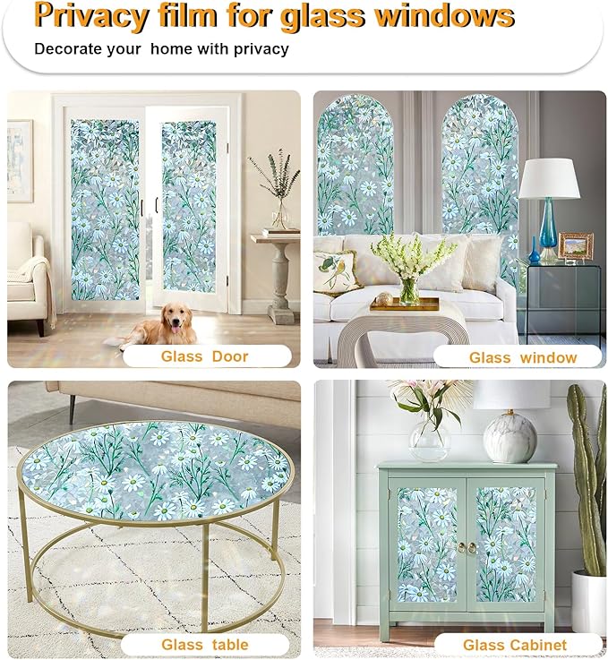 Window Privacy Film Stain Glass Window Film Rainbow Window Film Window clings Non-Adhesive Reusable Decorative for Room (Daisy Rainbow, 45.2 x 157.4 in)