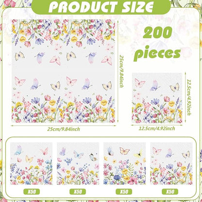 Fulmoon 200 Pieces Summer Floral Cocktail Napkins Disposable Wildflower Dessert Paper Napkins Bulk Flower Decoupage Beverage Towel for Summer Tea Party Dinner Decorative