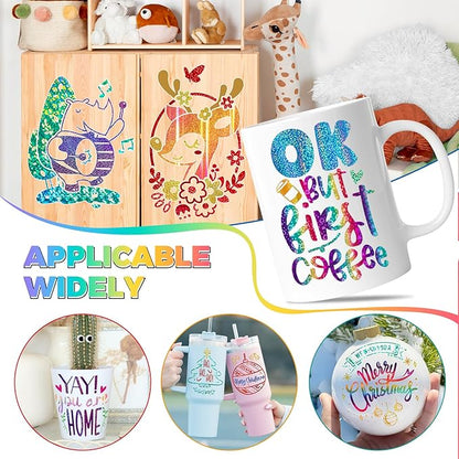 GIRAFVINYL Glitter Holographic Vinyl Bundle, Rainbow Holographic Permanent Vinyl 12" x 12" 17 Sheets Rainbow Glitter Vinyl Permanent for DIY Stickers, Signs, Cup, Home and Car Decorations