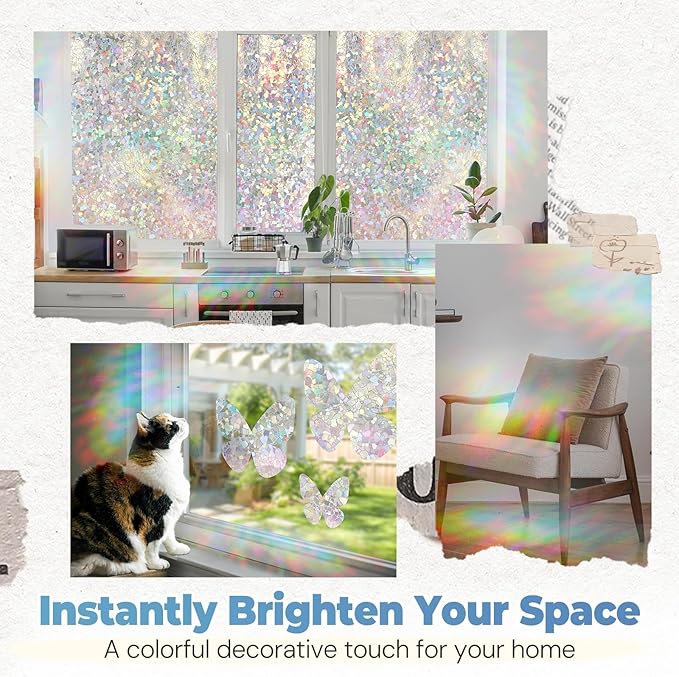 DOWELL Window Privacy Film Rainbow Film, Stained Glass Decorative Sticker, Static Cling Non-Adhesive Glass Clings, Sun Blocking Heat Control Window Coverings for Home Door, 23.6" x 78.7"