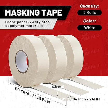 RED WOLF 0.94" x 60 Yards Masking Tape 3 Pack, General Purpose for Painting Arts Crafts Label Car Painting, Sharp Paint Line No Residue Painters Tape White Beige Crepe Paper Tape Heat Resistance