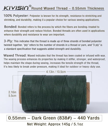 Round Waxed Polyester Thread 0.55mm, 440 Yards, Dark Green, Stiff 3 Ply Leather Wax String for Hand Sewing, Beading, Knotting, Book Binding, Upholstery, Macrame Jewelry and Bracelets Making
