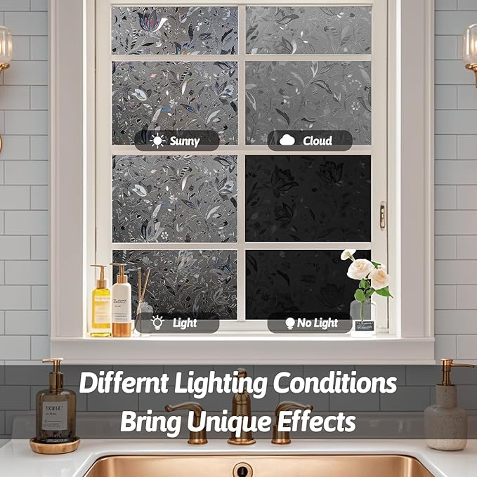 NINETREX Window Privacy Film,Decorative Window Film Frosted,Stained Glass Window Cling,Heat Blocker Non-Adhesive for Home,Grayish Black 17.5 x 157.4inch