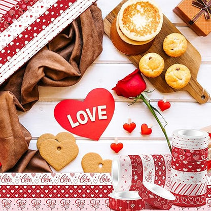 12 Rolls Love Heart Washi Tape Set, Red Stripe Checked Masking Tapes, Red Heart Decorative Tape for Journaling Supplies, Wedding Party, Junk Journal, Scrapbooking, Planner, DIY Arts Crafts 16.4FT