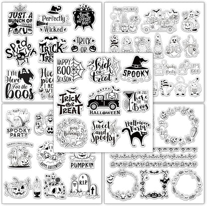 Whaline 5 Sheets Halloween Clear Stamps Gnome Pumpkin Spider Silicone Transparent Stamps Trick or Treat Border Stamp Cards for DIY Card Making Scrapbooking Embossing Album Decor