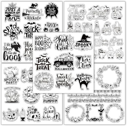 Whaline 5 Sheets Halloween Clear Stamps Gnome Pumpkin Spider Silicone Transparent Stamps Trick or Treat Border Stamp Cards for DIY Card Making Scrapbooking Embossing Album Decor
