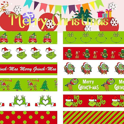 12 Rolls Christmas Washi Tape - Festive Cartoon Characters, Green & Red Xmas Decorative Masking Tape for Scrapbooking, Journals, Calendars, DIY Crafts & Gift Wrapping (16.4ft x 0.6")"