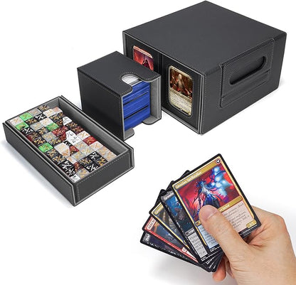 AFIING Commander Deck Box for MTG/EDH, Fits 400+ Double-Sleeved Cards, with Display Window, 4 Removable Deck Cases, Dividers, Dice Tray & Handle, Card Holders for TCG (Black Grey)
