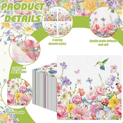 Janlaugh 200 Pcs Summer Floral Cocktail Napkins Disposable 2 Ply Flower Hummingbird Butterfly Dinner Paper Napkins Bulk for Summer Party Favor Supplies