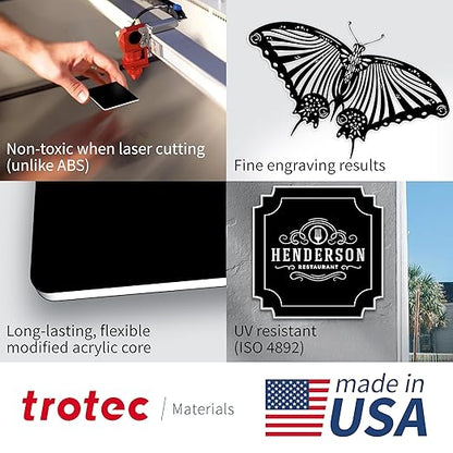 Trotec TroLase | 12"x20"x1/16", 4 Pcs | Black/White/Black | 3 Ply | Modified Acrylic | Laser Engraving Double Color Plastic Sheet | Engraving Blanks for Laser, Saw, Guillotine | Made in USA