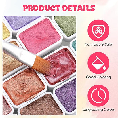 Nuanchu 12 Sets Metallic Watercolor Paint Set 20 Colors Glitter Solid Water Color Paint Bulk with Painting Brush for Art Studios Painting Nights School Students Beginners Holiday Gifts, Dunhuang Style