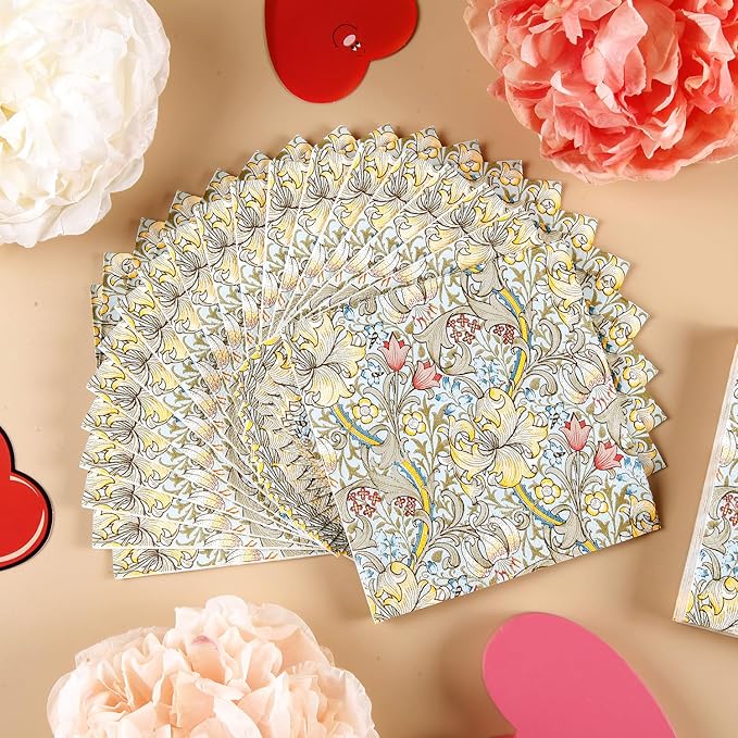 Quera 50 Pack William Morris Cocktail Napkins Golden Lily White Paper Napkins Beverage Napkins Disposable Paper Party Napkin Pack Decoration 5 "X 5"