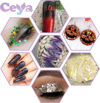 Ceya Holographic Chunky Glitter, 1 LB/ 16OZ Laser Green Bulk Craft Glitter Mixed Chunky Fine Glitter Bottled Metallic Flake Nail Sequins for Resin, Tumblers, Scrapbooking, Festival Decor, Art Project